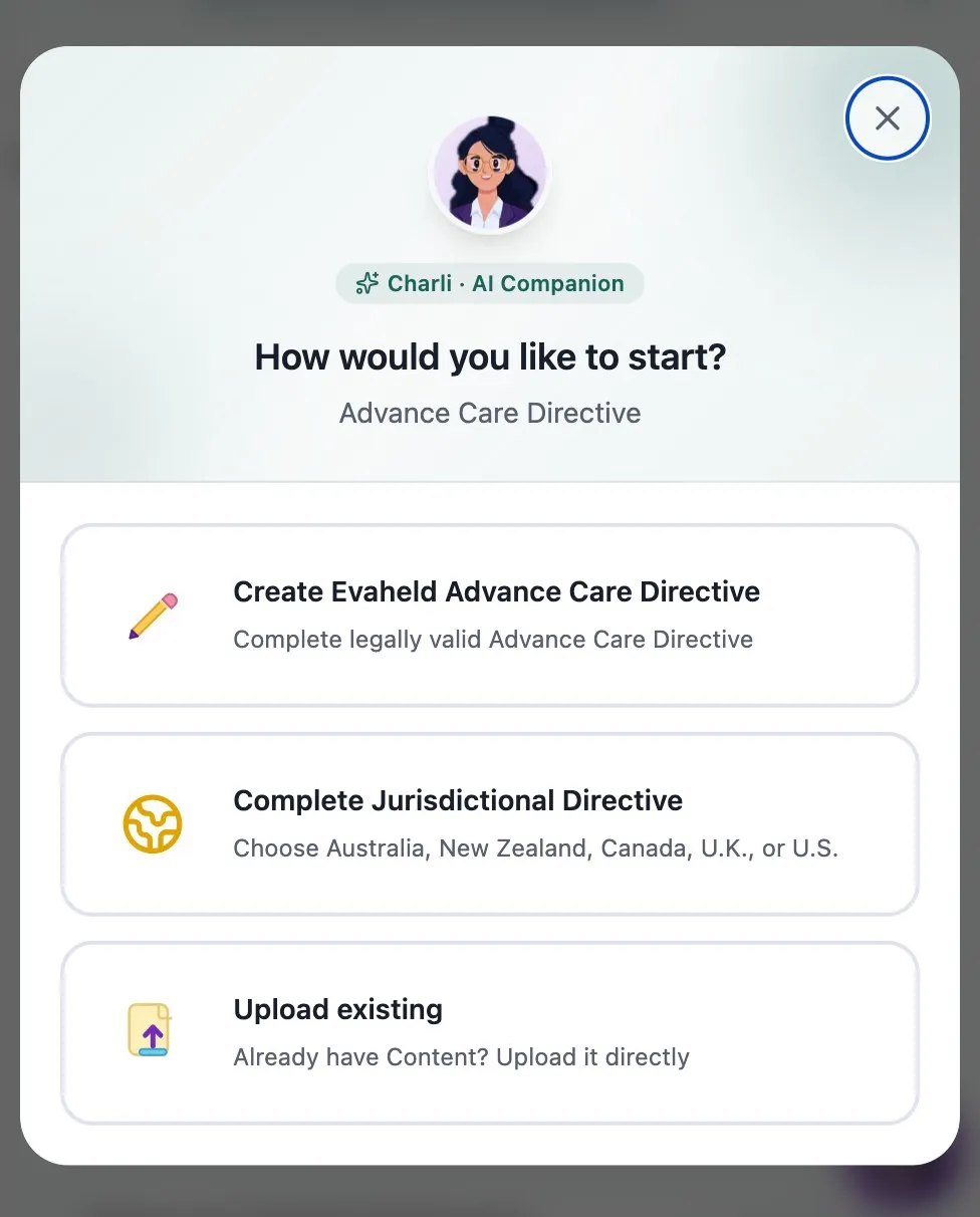 Evaheld Advance Care Directive start options showing create in Evaheld, complete jurisdictional directive or upload existing
