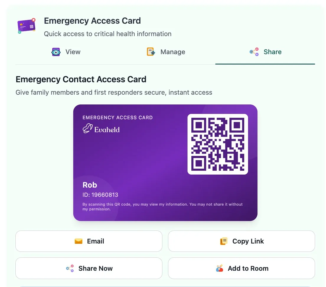 Evaheld QR Emergency Access Card desktop share screen with email, copy link, share now and add to room actions