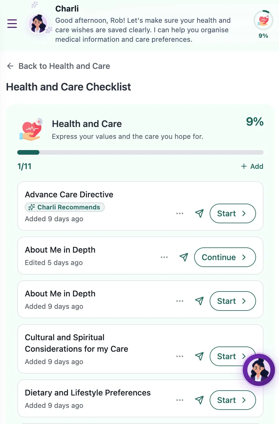 Evaheld dashboard displaying Health and Care Checklist items including Advance Care Directive and care preferences
