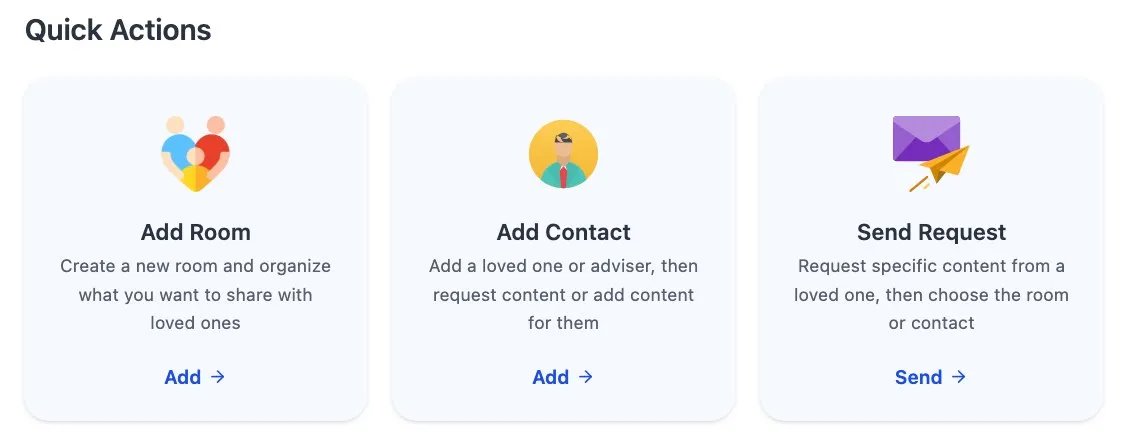 Evaheld dashboard showing Add Room, Add Contact and Send Request actions for trusted people